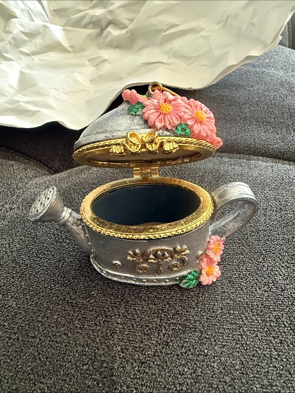 Silver Floral Watering Can Trinket Box with Pink Flowers